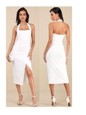 Lulus Prominent Charm White Halter Bodycon Tulip Midi Dress Size Large New NWT